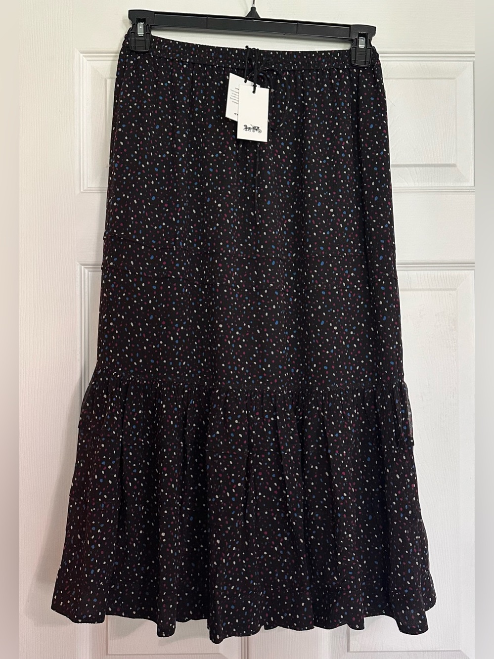 New With Tags Coach Tiered Snap Midi Skirt Black Confetti Dot Silk Blend Size 2